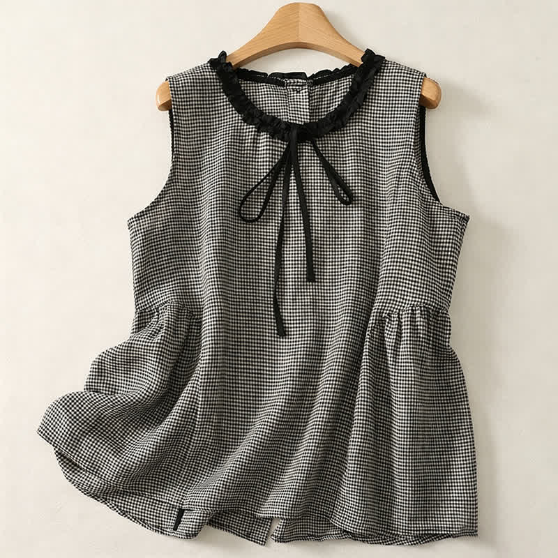 Buddha Stones Summer Casual Vintage Plaid Back Button-Up Tank Top Women's Sleeveless Shirts - Gray - US12, UK/AU16, EU44 (2XL) - image 0