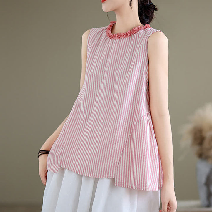 Buddha Stones Summer Casual Elegant Side Slit Striped Crew Neck Tank Top Women's Sleeveless Shirts - image 14