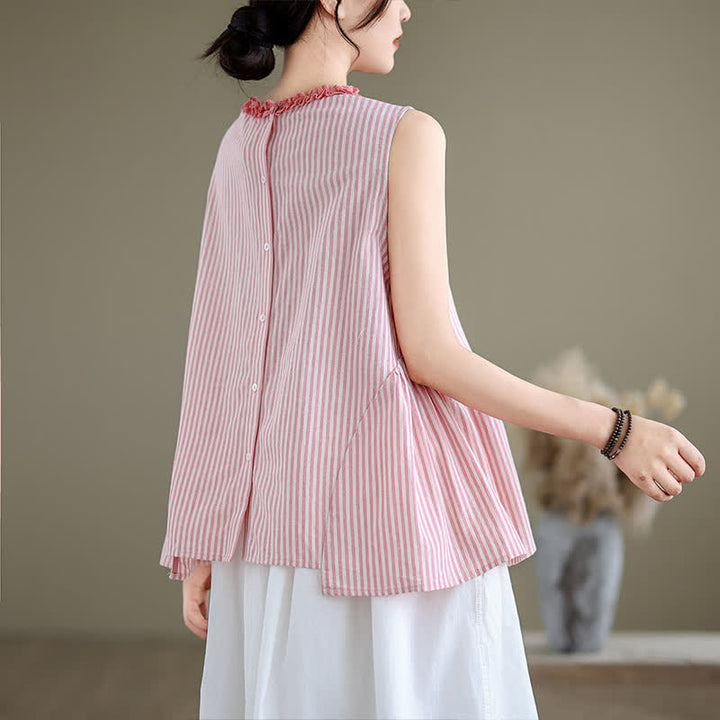 Buddha Stones Summer Casual Elegant Side Slit Striped Crew Neck Tank Top Women's Sleeveless Shirts - image 15