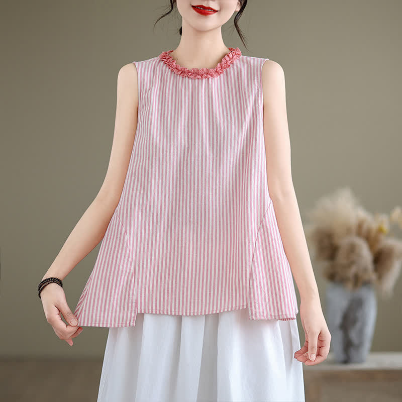 Buddha Stones Summer Casual Elegant Side Slit Striped Crew Neck Tank Top Women's Sleeveless Shirts - image 17