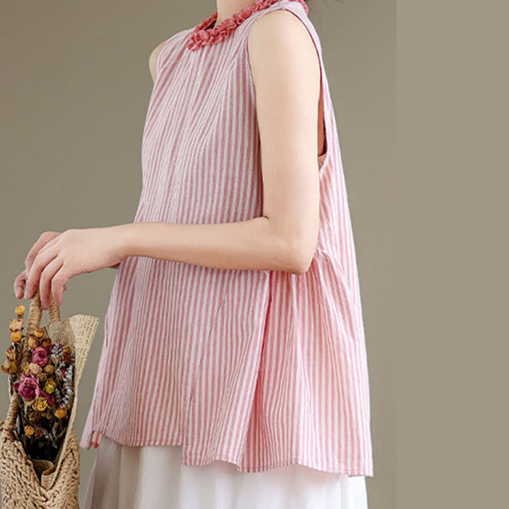 Buddha Stones Summer Casual Elegant Side Slit Striped Crew Neck Tank Top Women's Sleeveless Shirts - image 16
