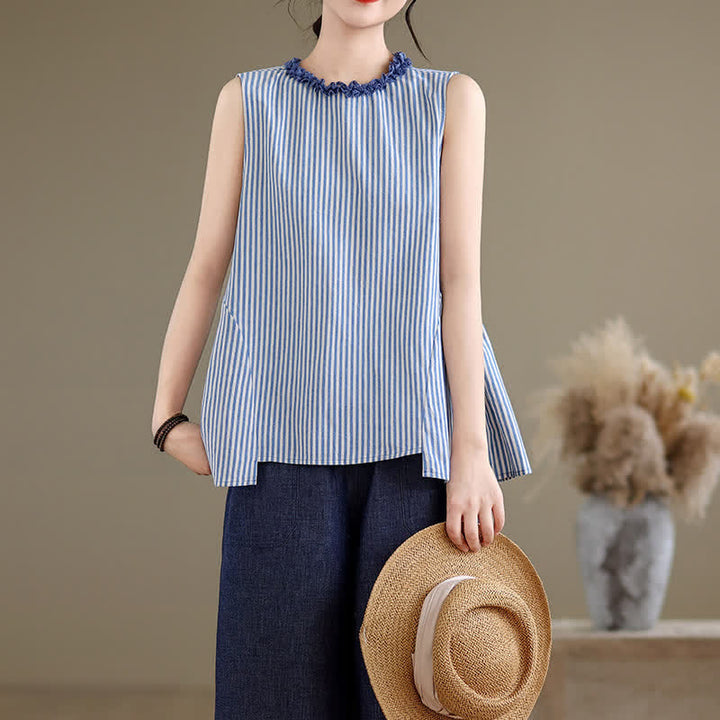 Buddha Stones Summer Casual Elegant Side Slit Striped Crew Neck Tank Top Women's Sleeveless Shirts - DodgerBlue - US8-10, UK/AU12-14, EU40-42 (2XL) - image 0