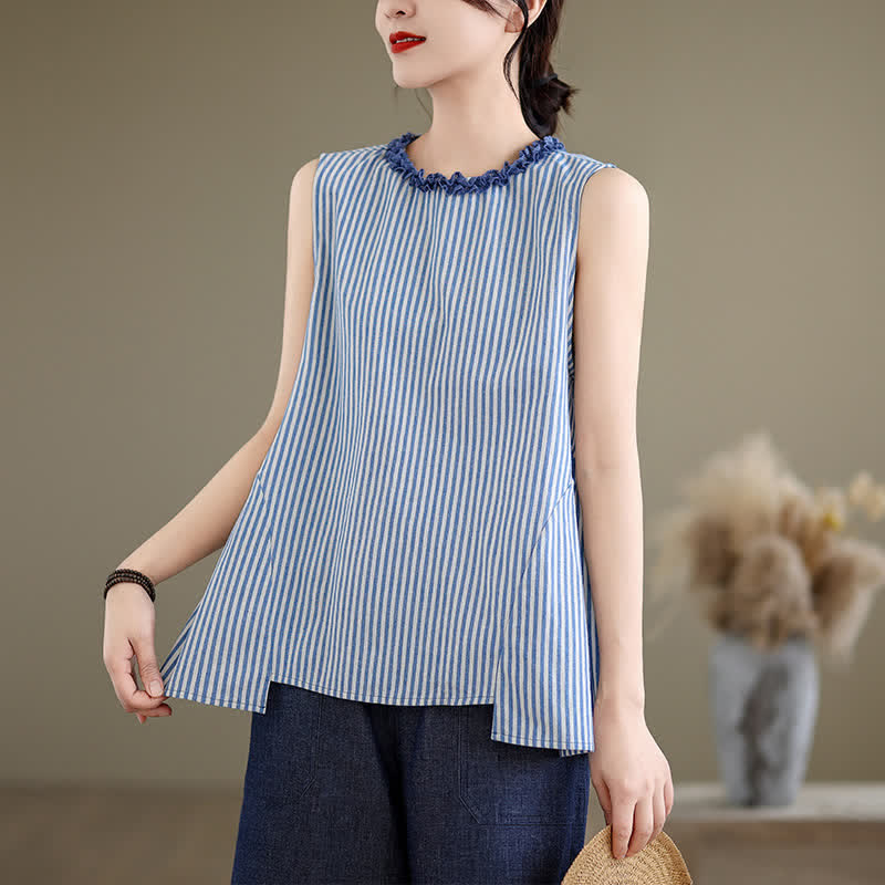Buddha Stones Summer Casual Elegant Side Slit Striped Crew Neck Tank Top Women's Sleeveless Shirts - image 1