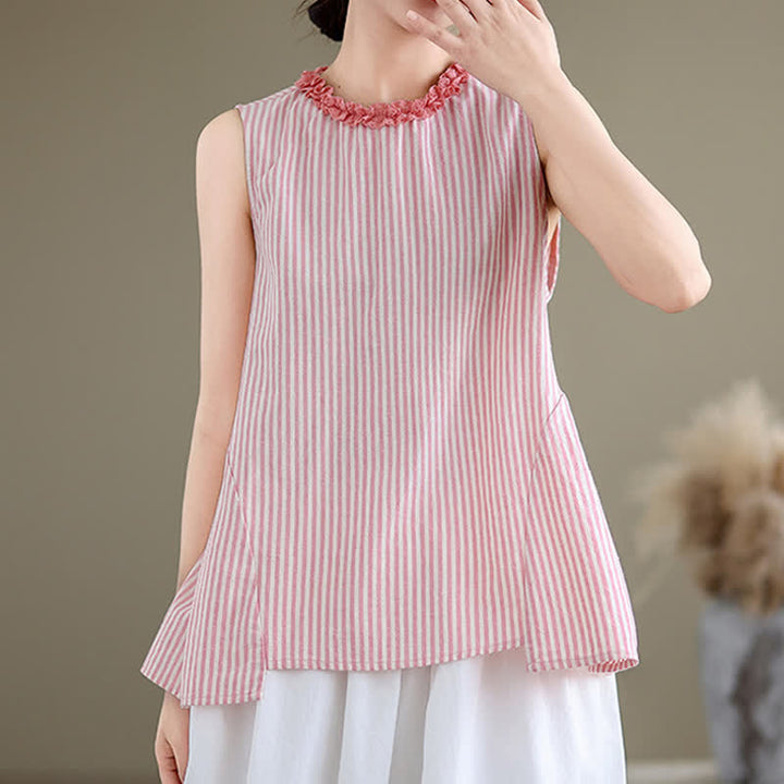 Buddha Stones Summer Casual Elegant Side Slit Striped Crew Neck Tank Top Women's Sleeveless Shirts - image 13