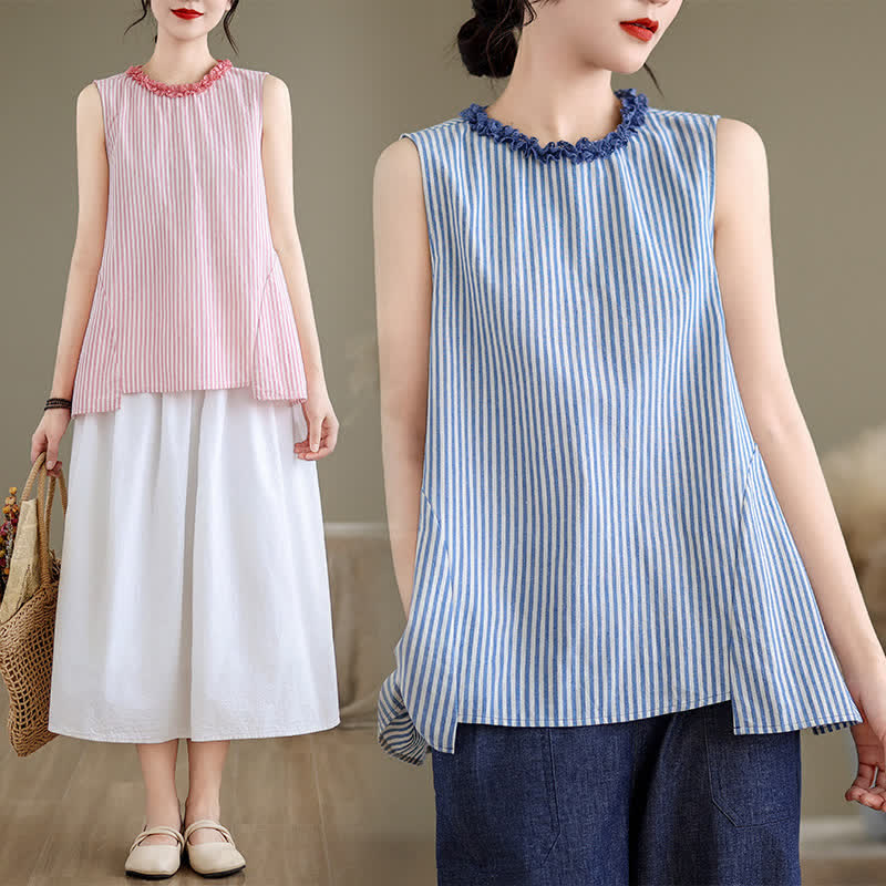 Buddha Stones Summer Casual Elegant Side Slit Striped Crew Neck Tank Top Women's Sleeveless Shirts - image 18