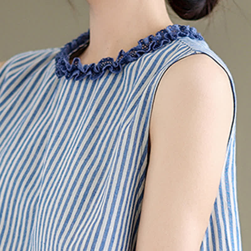 Buddha Stones Summer Casual Elegant Side Slit Striped Crew Neck Tank Top Women's Sleeveless Shirts - image 9