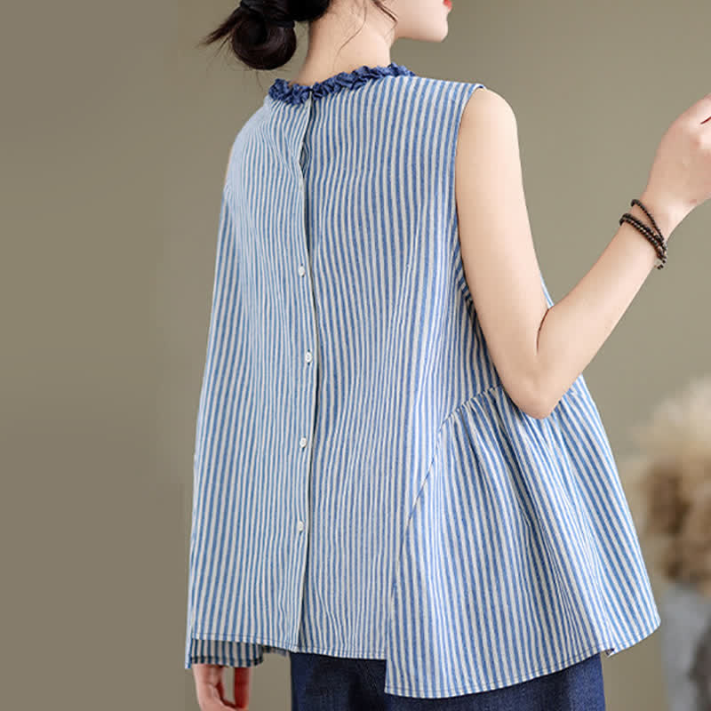 Buddha Stones Summer Casual Elegant Side Slit Striped Crew Neck Tank Top Women's Sleeveless Shirts - image 3
