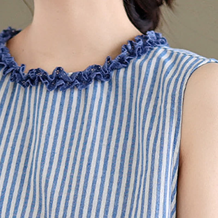 Buddha Stones Summer Casual Elegant Side Slit Striped Crew Neck Tank Top Women's Sleeveless Shirts - image 7