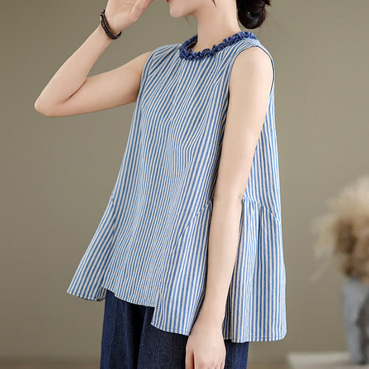 Buddha Stones Summer Casual Elegant Side Slit Striped Crew Neck Tank Top Women's Sleeveless Shirts - image 2
