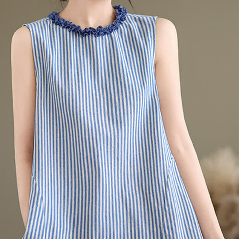 Buddha Stones Summer Casual Elegant Side Slit Striped Crew Neck Tank Top Women's Sleeveless Shirts - image 5