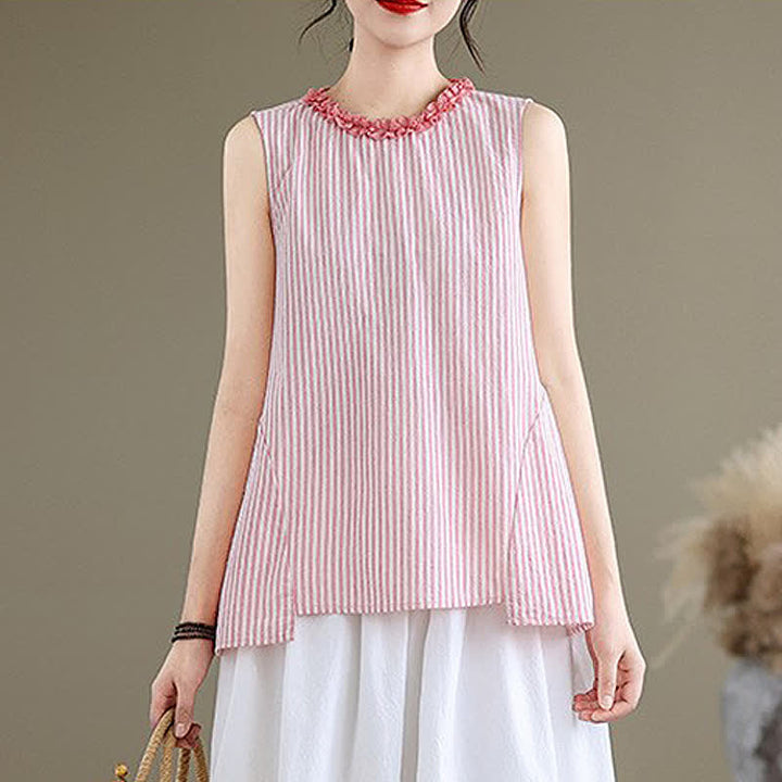 Buddha Stones Summer Casual Elegant Side Slit Striped Crew Neck Tank Top Women's Sleeveless Shirts - LightPink - US8-10, UK/AU12-14, EU40-42 (2XL) - image 12