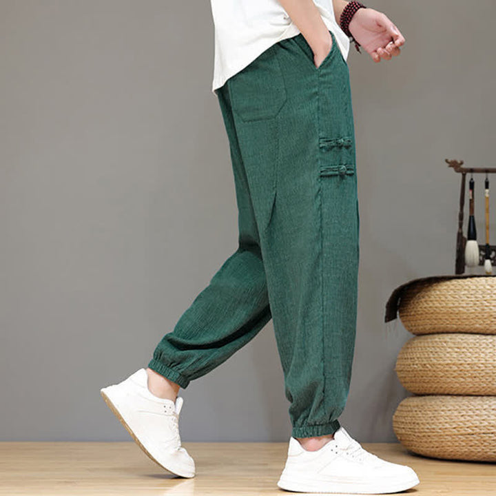 Buddha Stones Summer Casual Tang Style Solid Cropped Pants Men's Harem Pants With Pockets - image 31