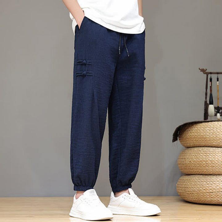 Buddha Stones Summer Casual Tang Style Solid Cropped Pants Men's Harem Pants With Pockets - image 7