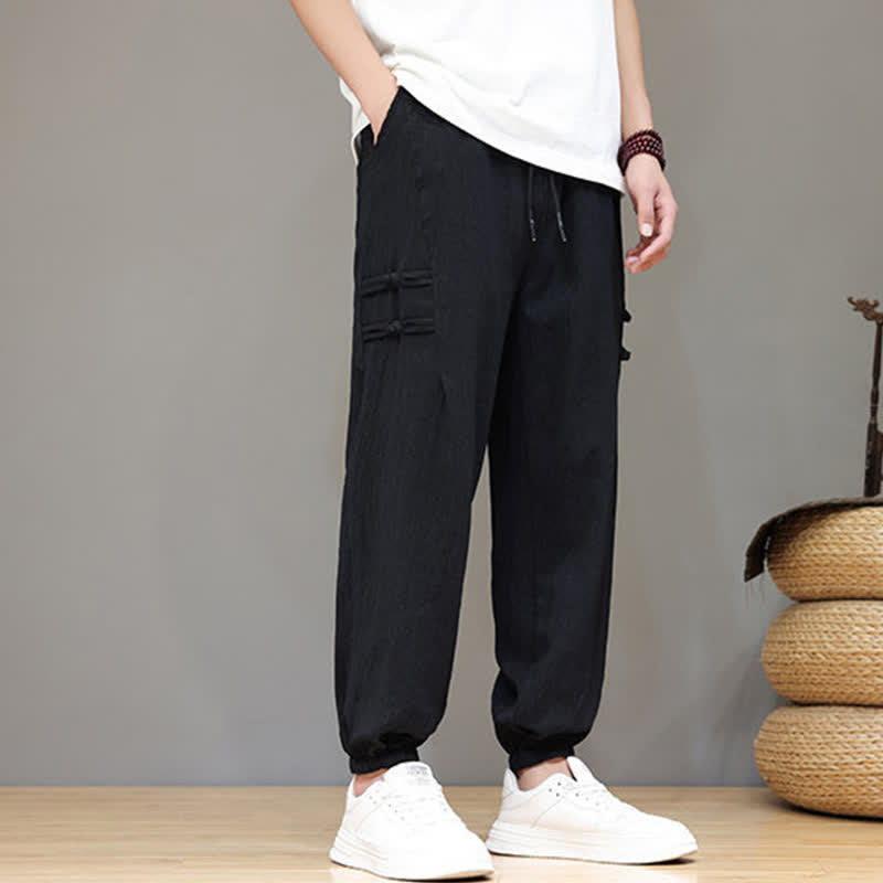Buddha Stones Summer Casual Tang Style Solid Cropped Pants Men's Harem Pants With Pockets - image 10