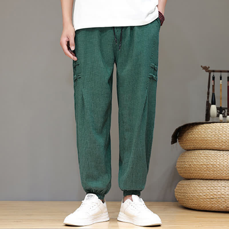 Buddha Stones Summer Casual Tang Style Solid Cropped Pants Men's Harem Pants With Pockets - image 36