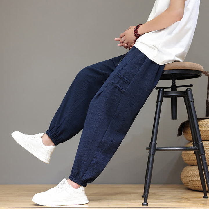 Buddha Stones Summer Casual Tang Style Solid Cropped Pants Men's Harem Pants With Pockets - MidnightBlue - US/UK/AU46, EU56 (5XL) - image 0