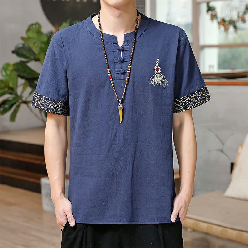 Buddha Stones Summer Tang Style Frog Button Embroidery Gourd Solid Men's Short Sleeve Shirts - SteelBlue - US/UK/AU46, EU56 (5XL) - image 0