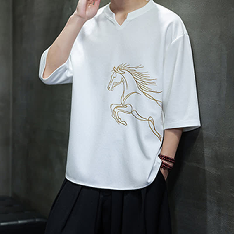 Buddha Stones Summer Casual Minimalist Embroidery Horse Cotton Men's Short Sleeve T-Shirts - image 2