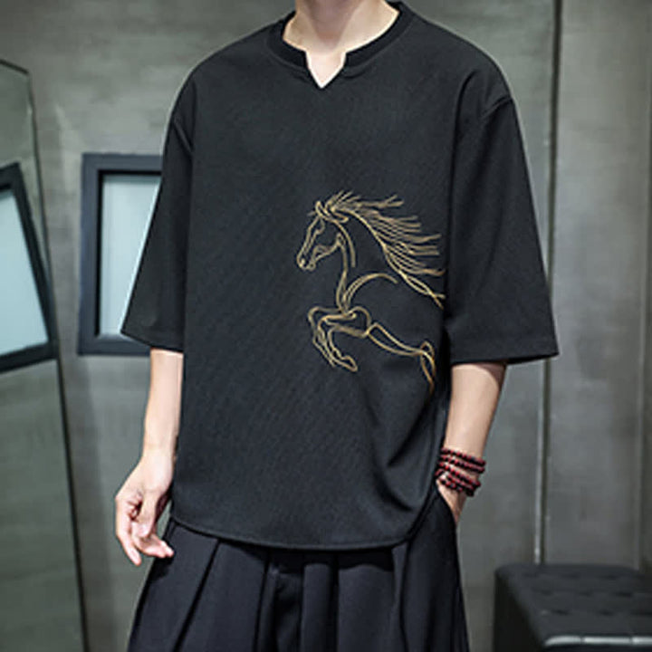 Buddha Stones Summer Casual Minimalist Embroidery Horse Cotton Men's Short Sleeve T-Shirts - image 14