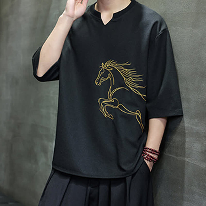 Buddha Stones Summer Casual Minimalist Embroidery Horse Cotton Men's Short Sleeve T-Shirts - image 13