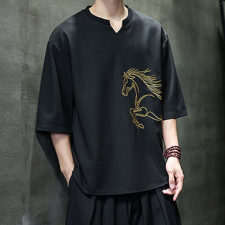 Buddha Stones Summer Casual Minimalist Embroidery Horse Cotton Men's Short Sleeve T-Shirts - image 15