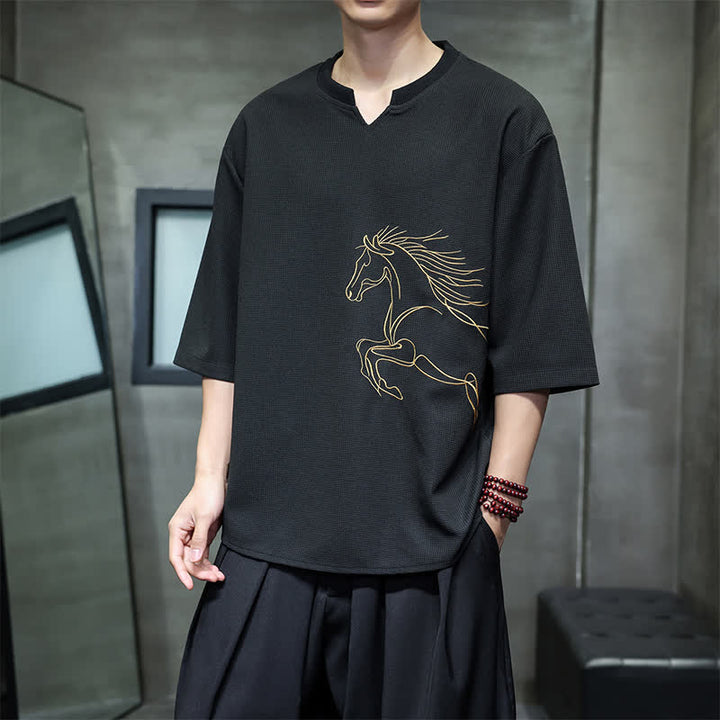 Buddha Stones Summer Casual Minimalist Embroidery Horse Cotton Men's Short Sleeve T-Shirts - image 9