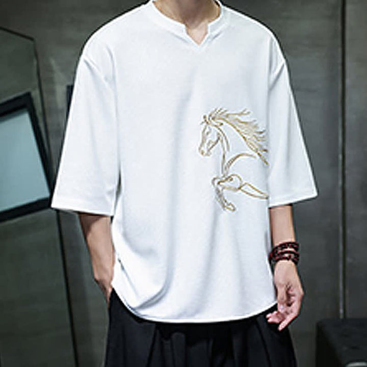 Buddha Stones Summer Casual Minimalist Embroidery Horse Cotton Men's Short Sleeve T-Shirts - image 4