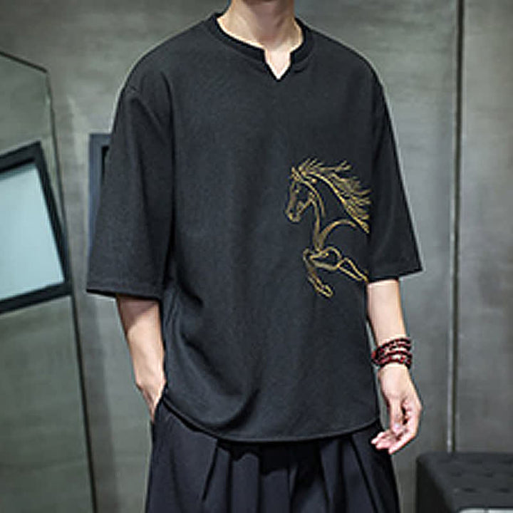 Buddha Stones Summer Casual Minimalist Embroidery Horse Cotton Men's Short Sleeve T-Shirts - image 10