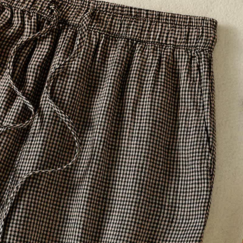 Buddha Stones Summer Casual Drawstring Plaid Linen Ankle Pants Women's Wide Leg Pants With Pocket - image 7