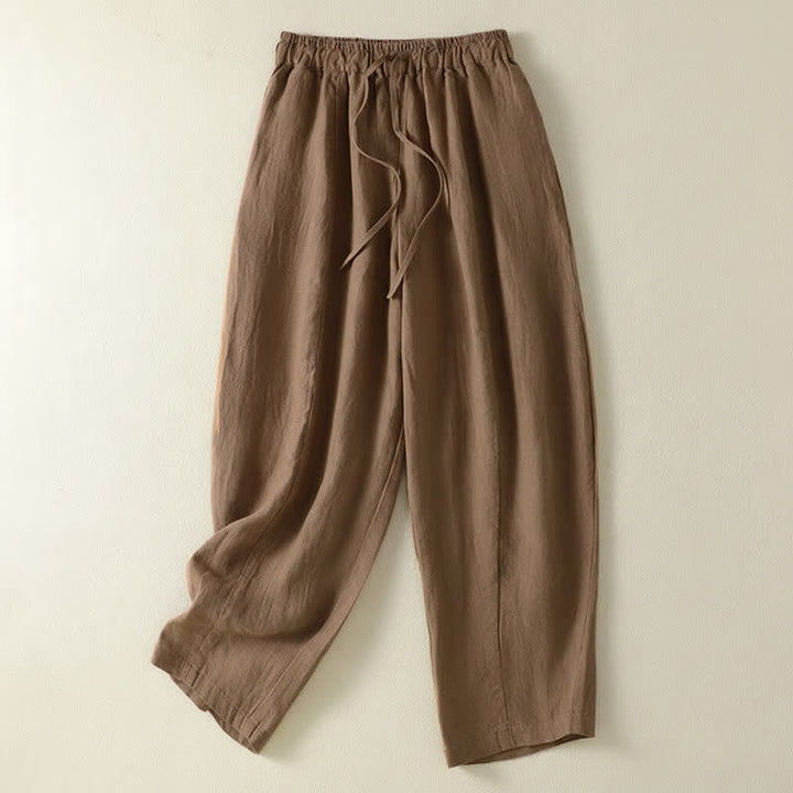 Buddha Stones Summer Casual Drawstring Solid Linen Ankle Pants Women's Wide Leg Pants With Pocket - Sienna - US8-10, UK/AU12-14, EU40-42 (2XL) - image 0