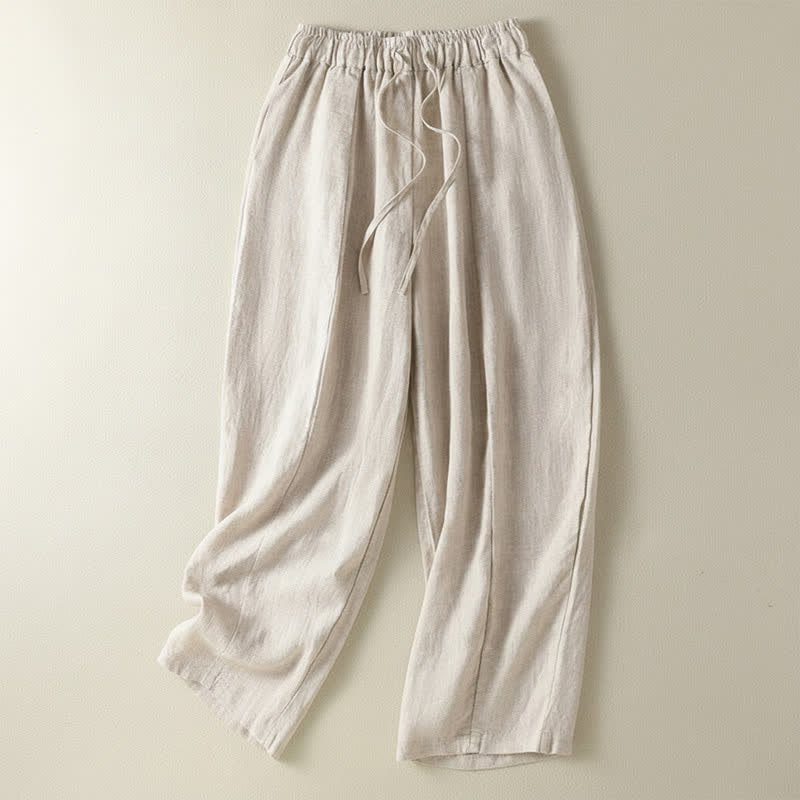 Buddha Stones Summer Casual Drawstring Solid Linen Ankle Pants Women's Wide Leg Pants With Pocket - Linen - US8-10, UK/AU12-14, EU40-42 (2XL) - image 7