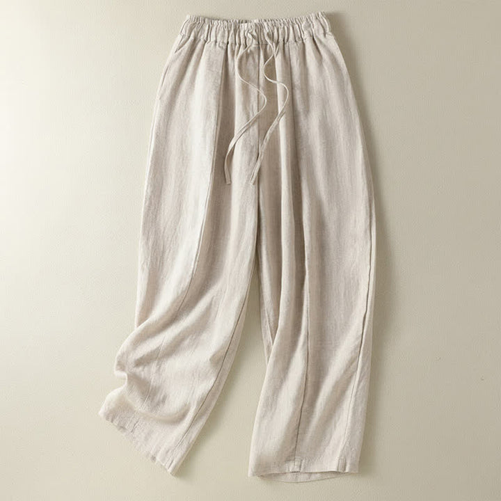 Buddha Stones Summer Casual Drawstring Solid Linen Ankle Pants Women's Wide Leg Pants With Pocket - Linen - US8-10, UK/AU12-14, EU40-42 (2XL) - image 7