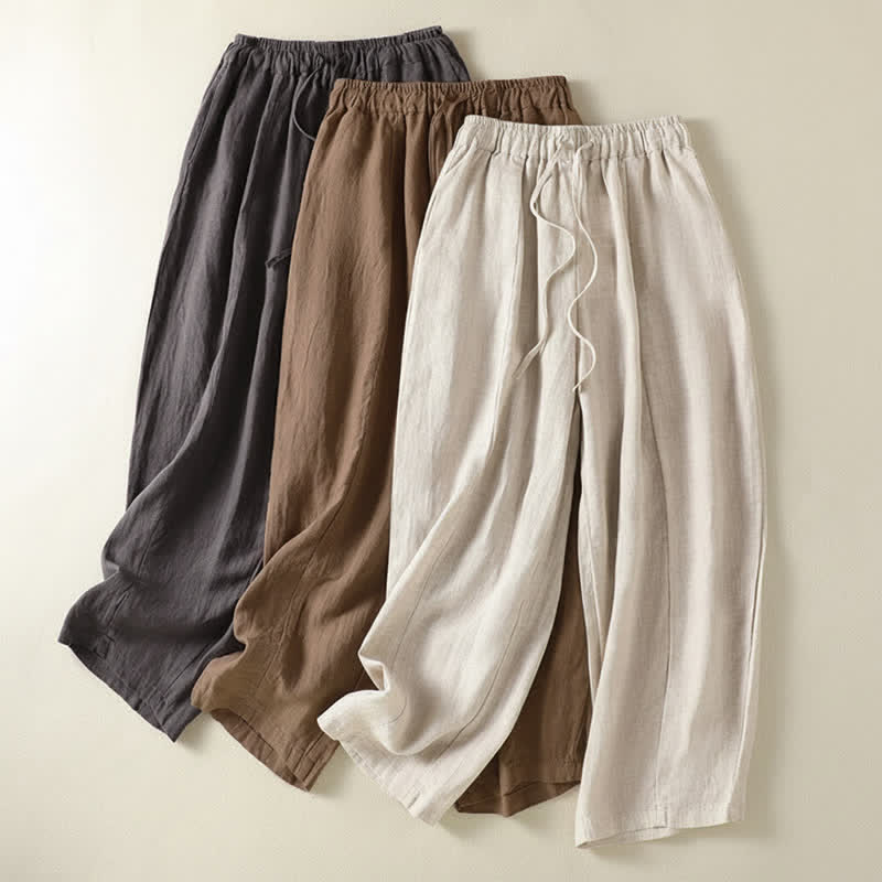 Buddha Stones Summer Casual Drawstring Solid Linen Ankle Pants Women's Wide Leg Pants With Pocket - image 22