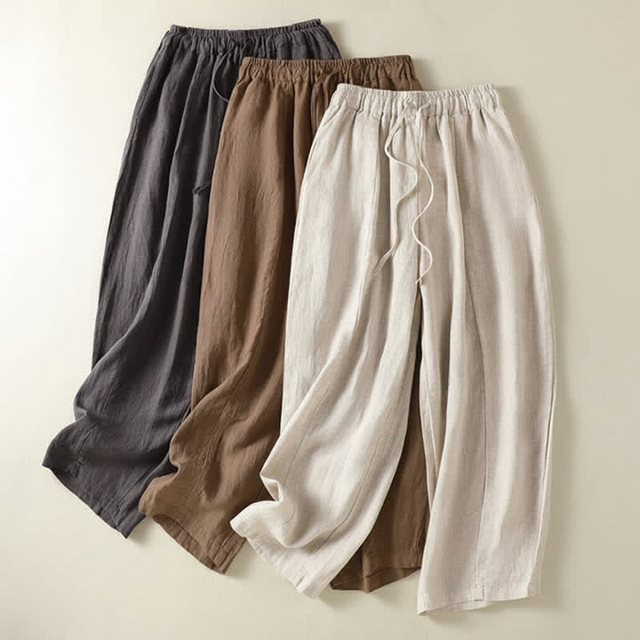 Buddha Stones Summer Casual Drawstring Solid Linen Ankle Pants Women's Wide Leg Pants With Pocket - image 22