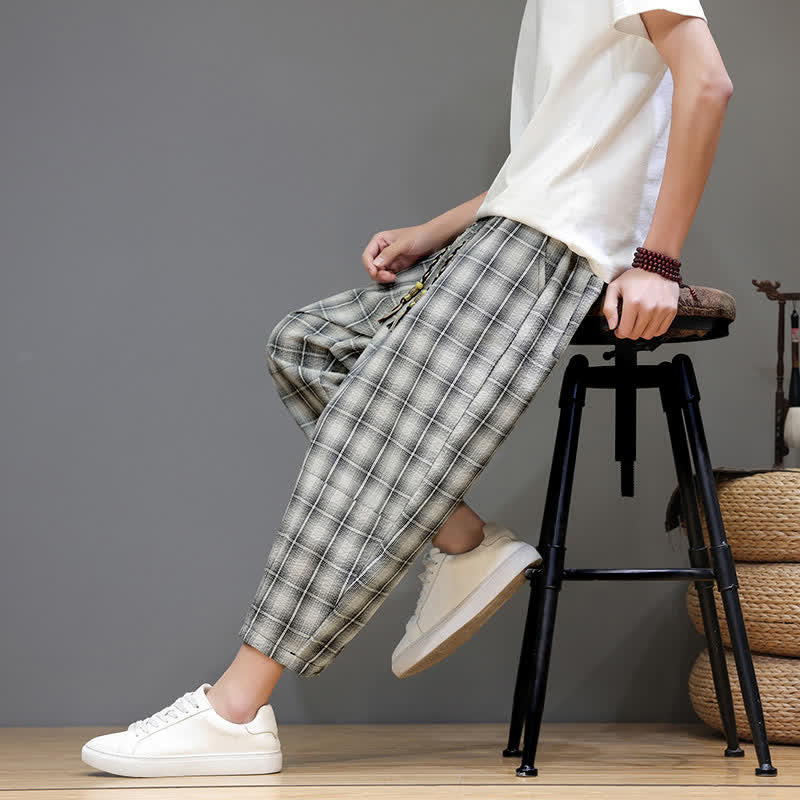 Buddha Stones Summer Casual Drawstring Plaid Capri Pants Men's Harem Pants With Pockets - image 27