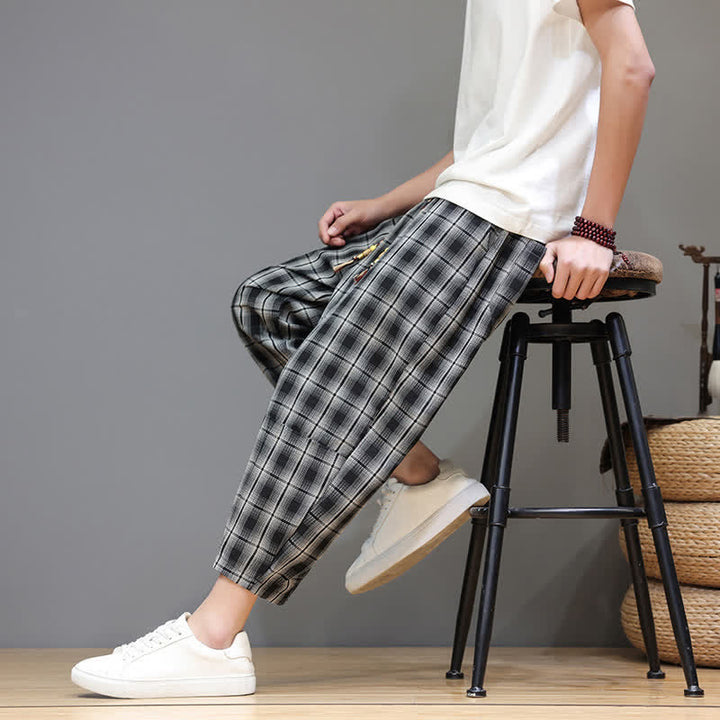 Buddha Stones Summer Casual Drawstring Plaid Capri Pants Men's Harem Pants With Pockets - image 15