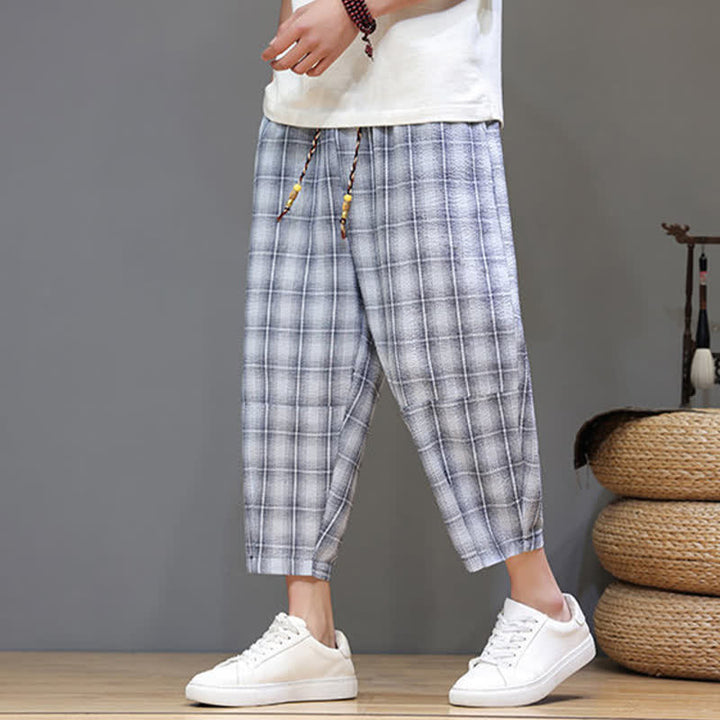 Buddha Stones Summer Casual Drawstring Plaid Capri Pants Men's Harem Pants With Pockets - image 5