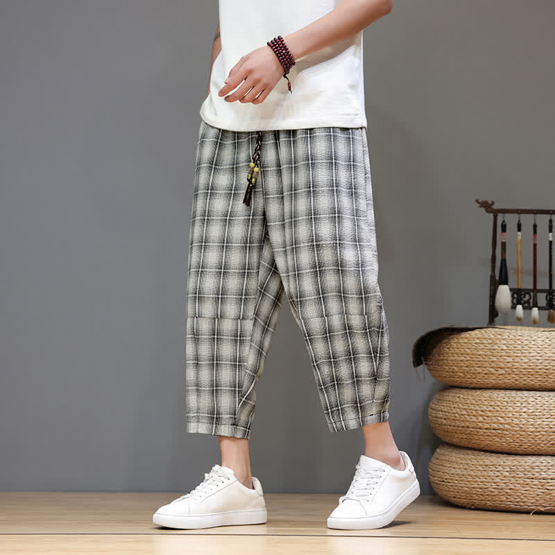Buddha Stones Summer Casual Drawstring Plaid Capri Pants Men's Harem Pants With Pockets - Beige - US/UK/AU46, EU56 (5XL) - image 20