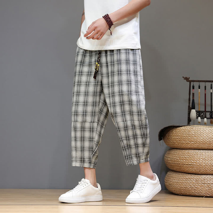 Buddha Stones Summer Casual Drawstring Plaid Capri Pants Men's Harem Pants With Pockets - Beige - US/UK/AU46, EU56 (5XL) - image 20