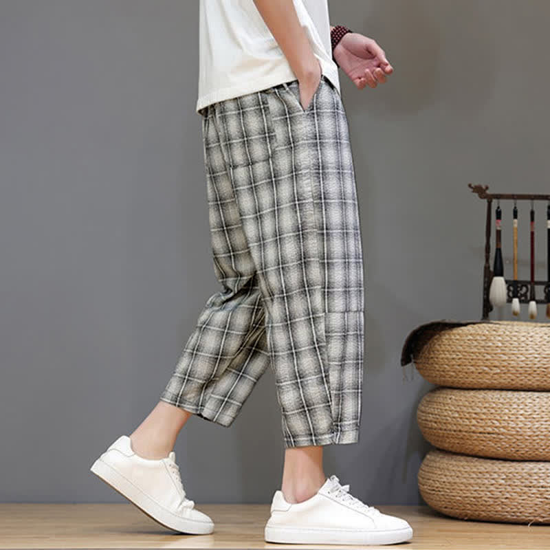 Buddha Stones Summer Casual Drawstring Plaid Capri Pants Men's Harem Pants With Pockets - image 25
