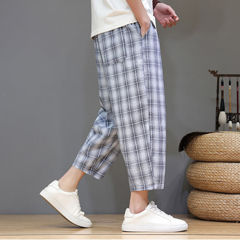 Buddha Stones Summer Casual Drawstring Plaid Capri Pants Men's Harem Pants With Pockets - image 3