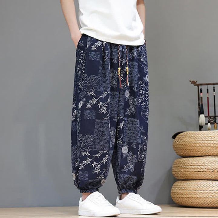 Buddha Stones Summer Casual Boho Drawstring Geometric Elephant Leaves Cropped Pants Men's Harem Pants With Pockets - image 4
