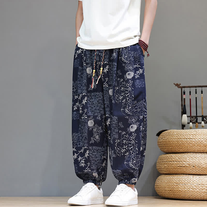 Buddha Stones Summer Casual Boho Drawstring Geometric Elephant Leaves Cropped Pants Men's Harem Pants With Pockets - image 5