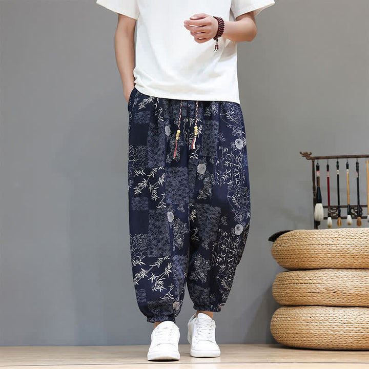 Buddha Stones Summer Casual Boho Drawstring Geometric Elephant Leaves Cropped Pants Men's Harem Pants With Pockets - image 7