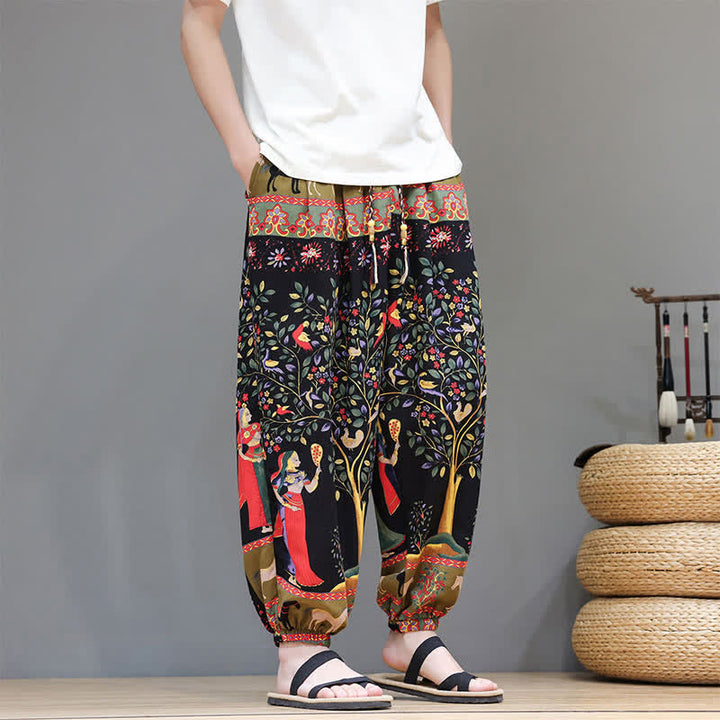 Buddha Stones Summer Casual Boho Drawstring Geometric Elephant Leaves Cropped Pants Men's Harem Pants With Pockets - image 31