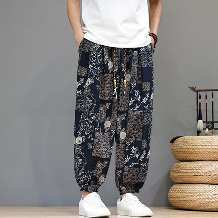 Buddha Stones Summer Casual Boho Drawstring Geometric Elephant Leaves Cropped Pants Men's Harem Pants With Pockets - image 12