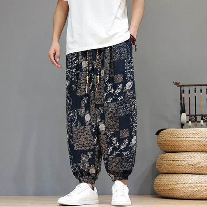 Buddha Stones Summer Casual Boho Drawstring Geometric Elephant Leaves Cropped Pants Men's Harem Pants With Pockets - image 13