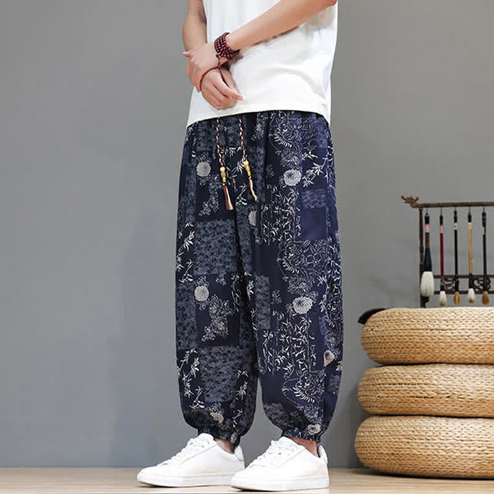 Buddha Stones Summer Casual Boho Drawstring Geometric Elephant Leaves Cropped Pants Men's Harem Pants With Pockets - image 8
