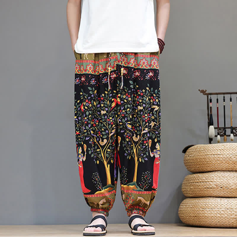 Buddha Stones Summer Casual Boho Drawstring Geometric Elephant Leaves Cropped Pants Men's Harem Pants With Pockets - Black - US/UK/AU46, EU56 (5XL) - image 30