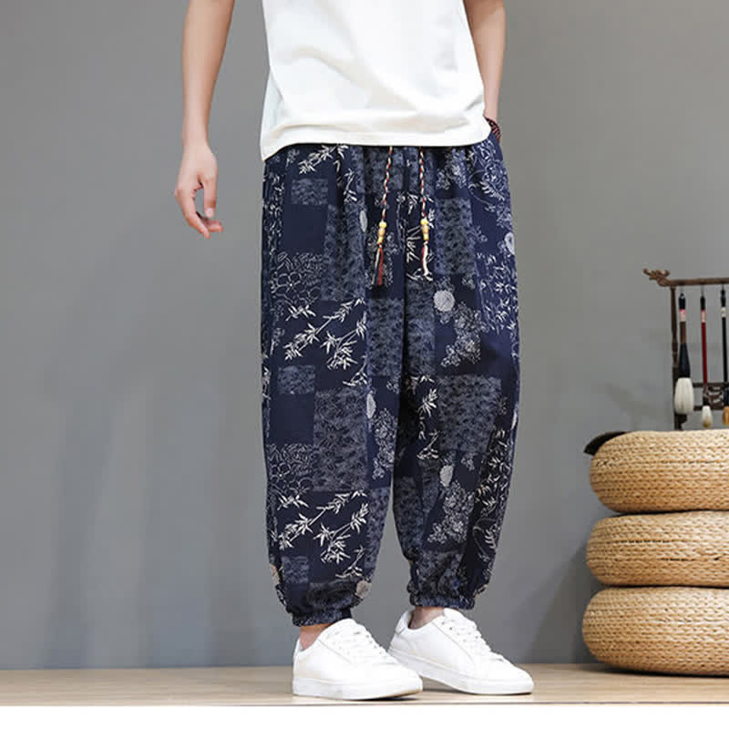 Buddha Stones Summer Casual Boho Drawstring Geometric Elephant Leaves Cropped Pants Men's Harem Pants With Pockets - image 9